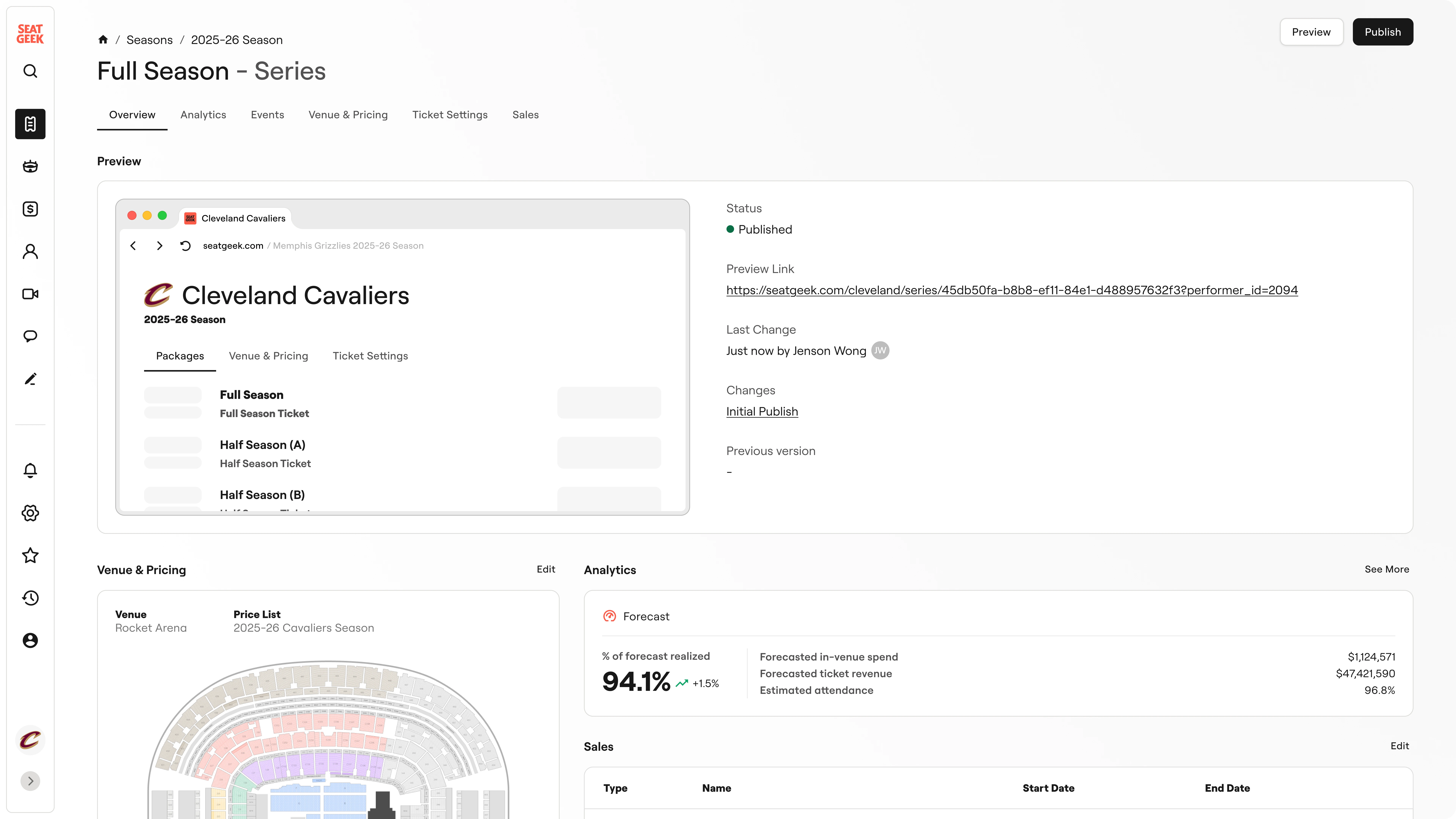 Ongoing season dashboard