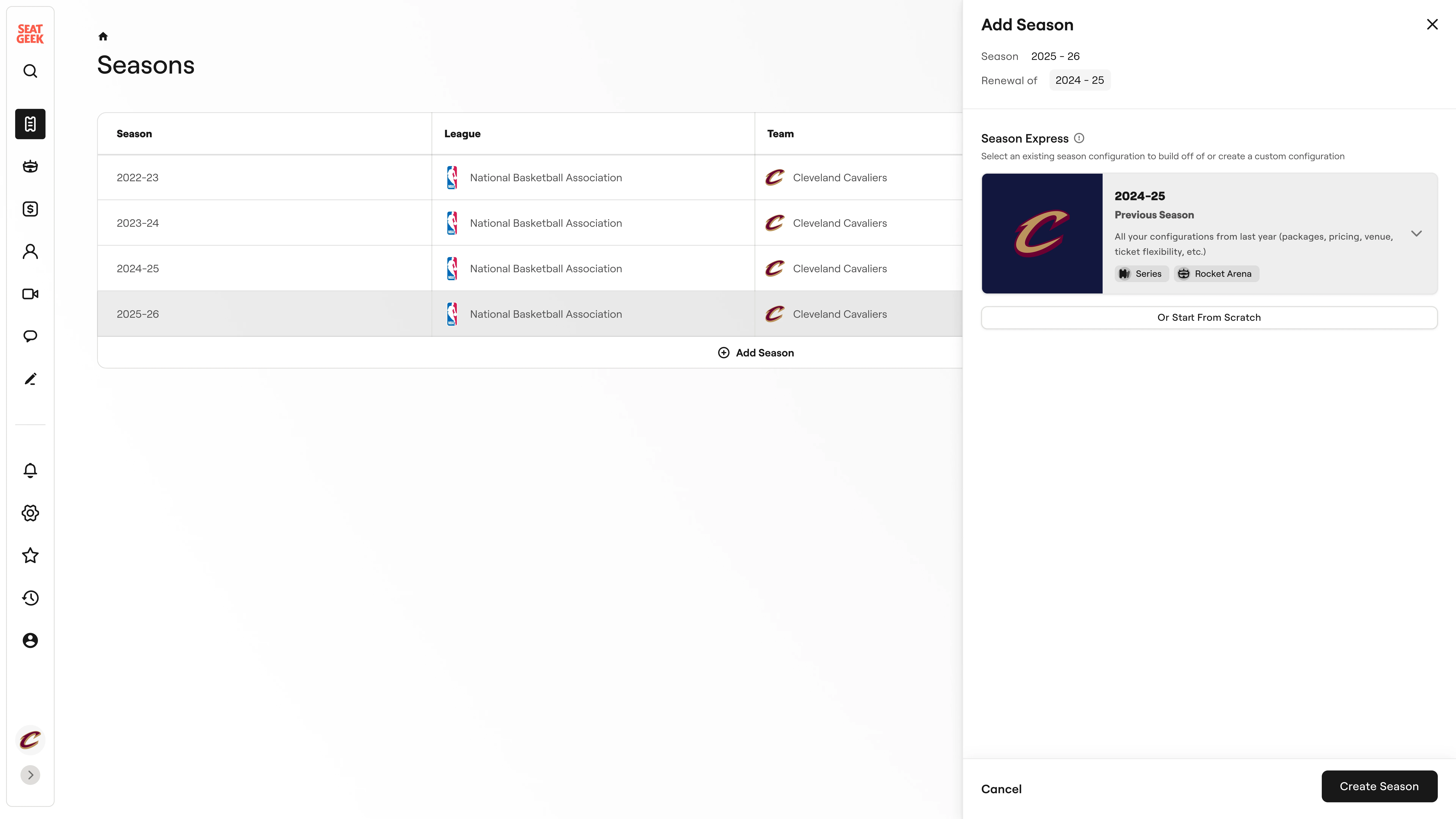 Season creation quick options
