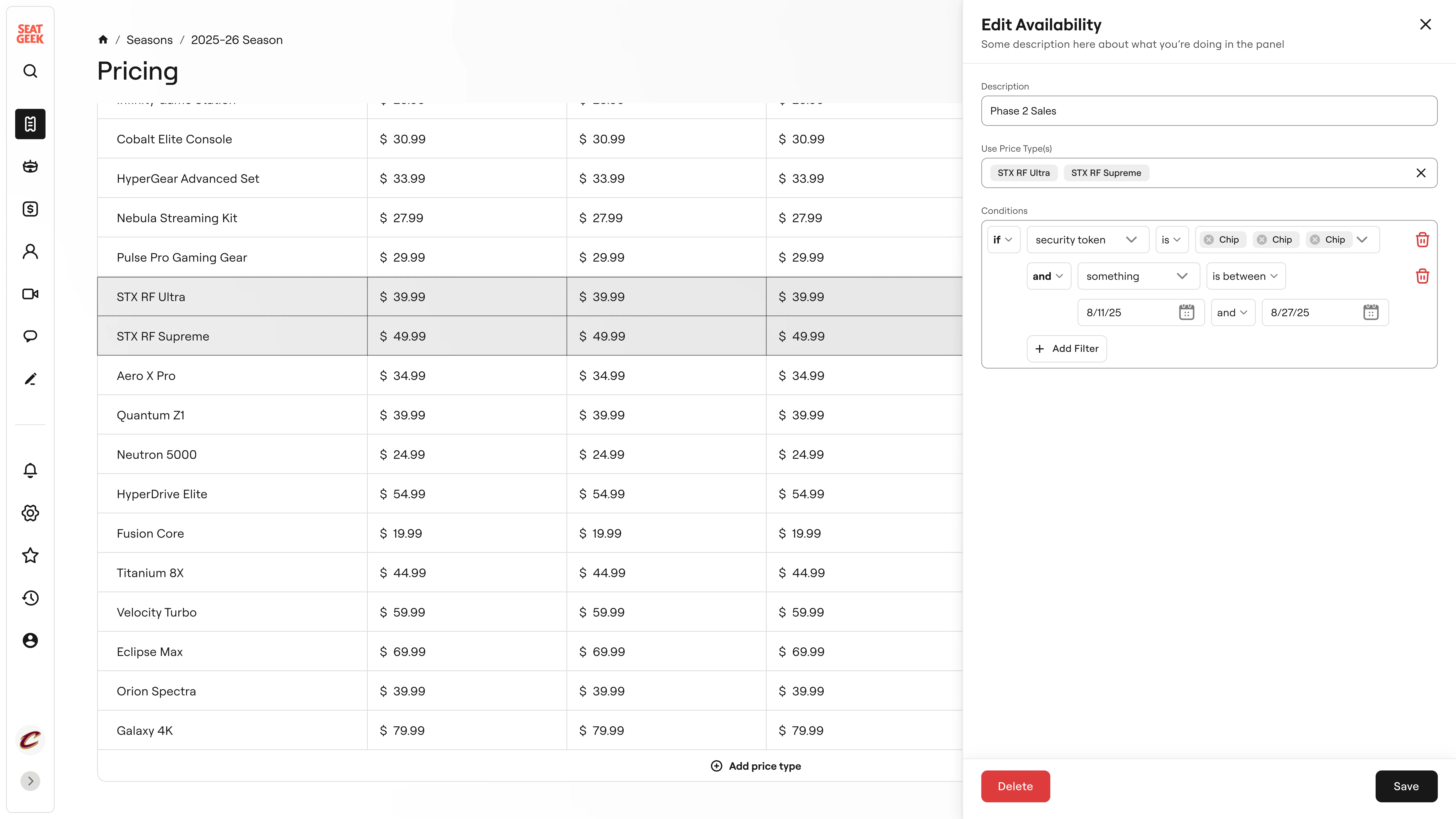 Pricing configuration panel