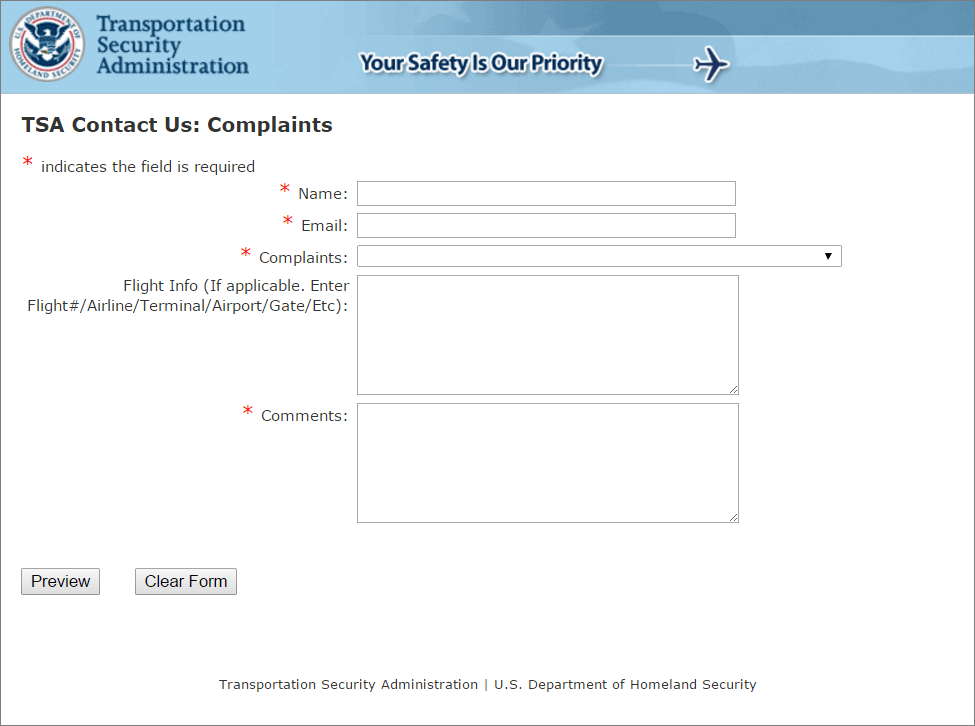 Complaint Form from TSA
